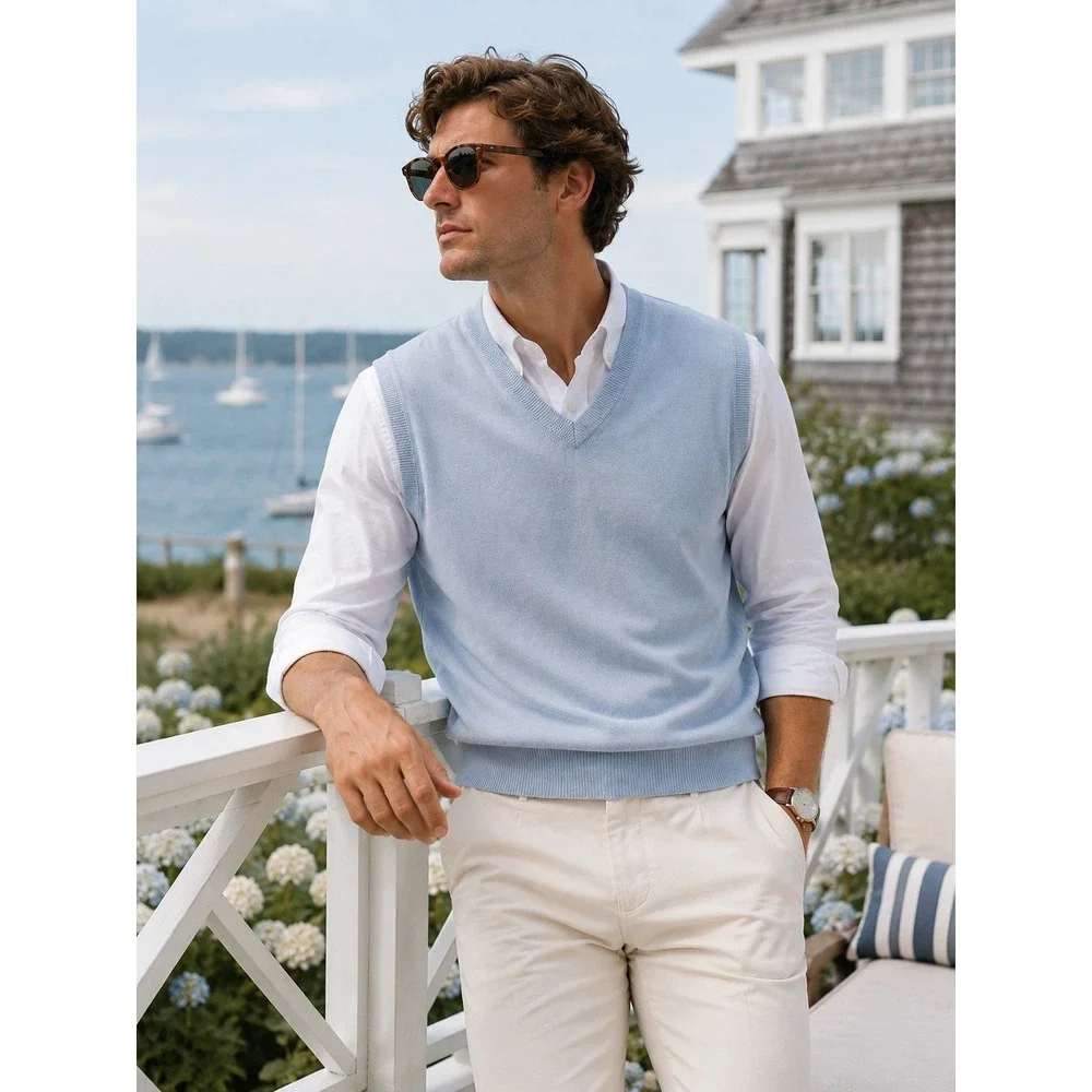 Paul Fredrick Mens Silk Cashmere V-Neck Sweater Vest‎ Light Blue Large Luxury